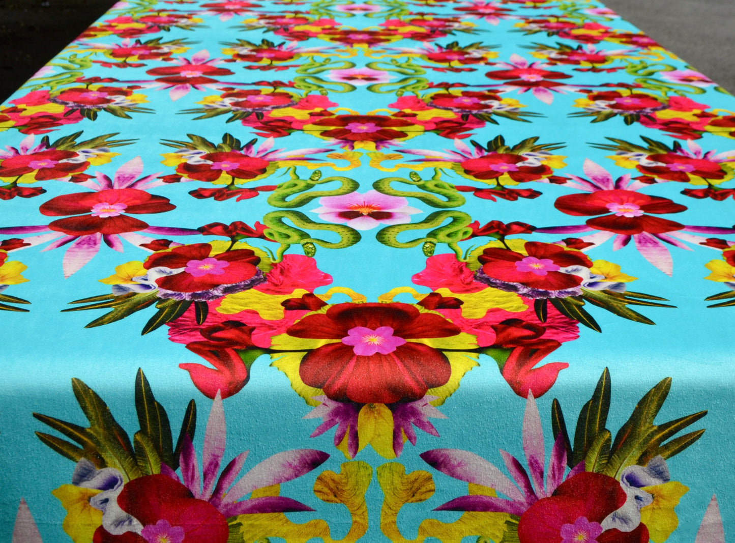 Snakes & Flowers Eco Velvet Fabric - Turquoise