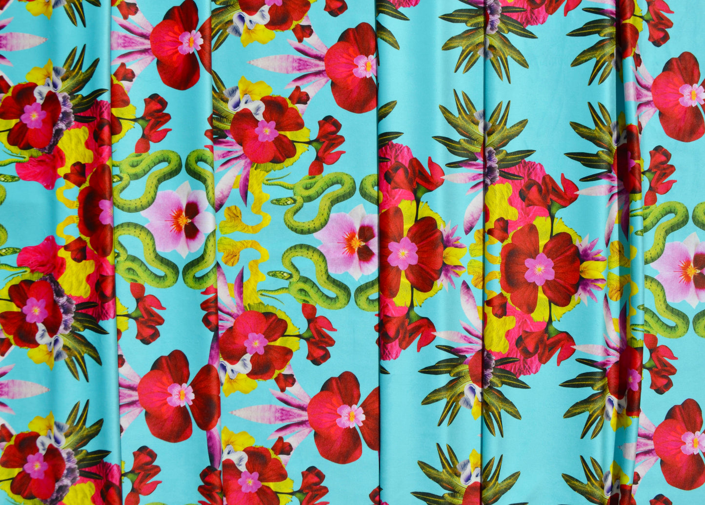 Snakes & Flowers Eco Velvet Fabric - Turquoise